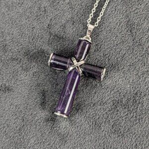 Amethyst and silver color cross pendant, free chain, unisex women men